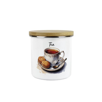 B&Q -  Shabby Chic Cup & Saucer Tea CanisterVintage Style Antique Homewares GiftMedium Metal Enamel Storage Kitchen Container 600Ml