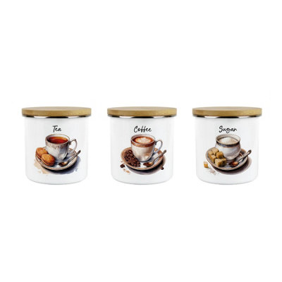 B&Q -  Shabby Chic Cup & Saucer TeaCoffee & Sugar Canisters SetVintage Style Antique GiftMedium Enamel Containers Pack Of 3