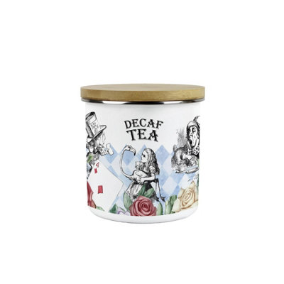 Purely Home Alice's Adventures In Wonderland Decaf Tea CanisterCartoon Rabbit & Mad Hatter Kitchen GiftsMedium Metal Enamel Container from B&Q