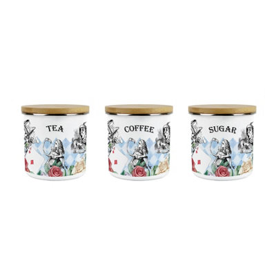 Purely Home Alice's Adventures In Wonderland TeaCoffee & Sugar Canisters SetWhite Rabbit Hatter Kitchen GiftsMedium Enamel Containers from B&Q
