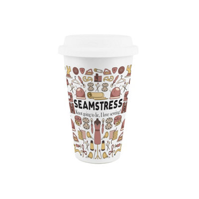 Purely Home Seamstress Ceramic Travel MugSewing & Crafting Novelty Job GiftsReusable Silicone Lid Double-Walled Insulated Drinks Flask from B&Q