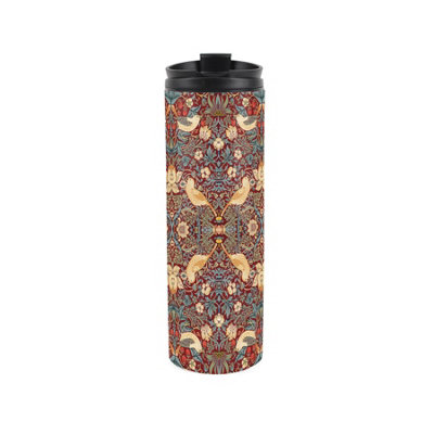 Purely Home Red Strawberry Thief Travel FlaskMorris Inspired Birds & Floral Artwork GiftStainless Steel Vacuum-Sealed Double-Walled Mug from B&Q