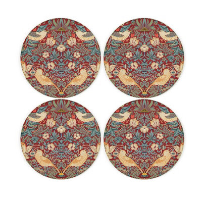 Red Strawberry Thief Glass Coaster Set - William Morris Artwork Gifts - Set of Four (4) Round Drinks Coasters - Image 4