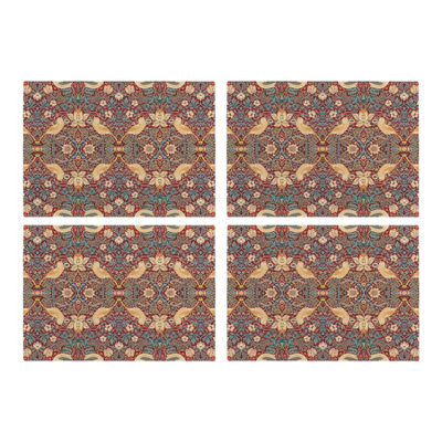 Purely Home Red Strawberry Thief Glass Placemats SetWilliam Morris Artwork Table Mats GiftTempered Glass Non-Slip Feet 4Pk from B&Q