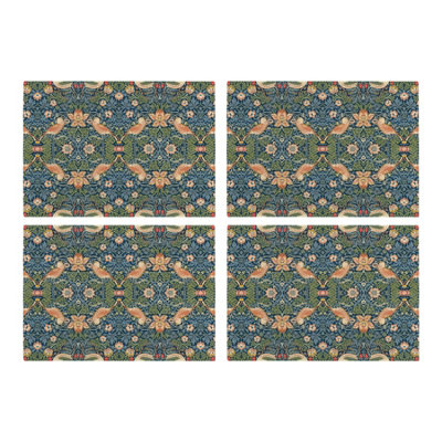 Purely Home Blue Strawberry Thief Glass Placemats SetWilliam Morris Artwork Table Mats GiftTempered Glass Non-Slip Feet 4Pk from B&Q