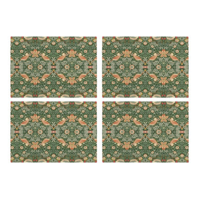 Purely Home Green Strawberry Thief Glass Placemats SetWilliam Morris Artwork Table Mats GiftTempered Glass Non-Slip Feet 4Pk from B&Q