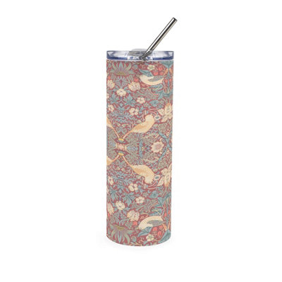 Strawberry Thief Red Frosted Glass Travel Flask & Straw - William Morris Gifts - Image 3