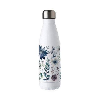 B&Q -  Blue Pastel Floral Stainless Steel Water BottleGarden Flowers Gift For HerDouble Walled 500Ml Metal Hot/cold Drinks Bottle - Image 4