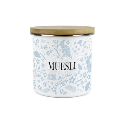 Purely Home Blue Wild Rabbits Muesli Canister - Foliage & Wildlife Homewares Gifts - Enamel Food Storage Kitchen Container 1.2L