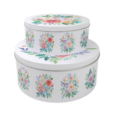 Purely Home Floral Bouquet Set Of 2 Cake Tins Gift - Nesting Round & Metal Storage Containers For Cakes And Baking Medium