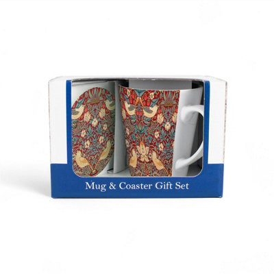 Purely Home Strawberry Thief Red Mug & Coaster Gift SetWilliam Morris Artwork Ceramic Latte Cup And Glass Coaster SetTea/coffee Present from B&Q