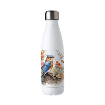 B&Q -  Blue & Orange Bird Stainless Steel Water BottleFloral Nature Gift For HerDouble Walled 500Ml Metal Hot/cold Drinks Bottle - Image 4