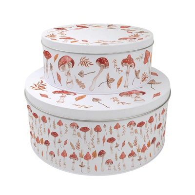 Purely Home Watercolour Mushrooms & Toadstools Set Of 2 Cake TinsWoodland Nesting Round Large & Medium Metal Storage Containers For Baking from B&Q