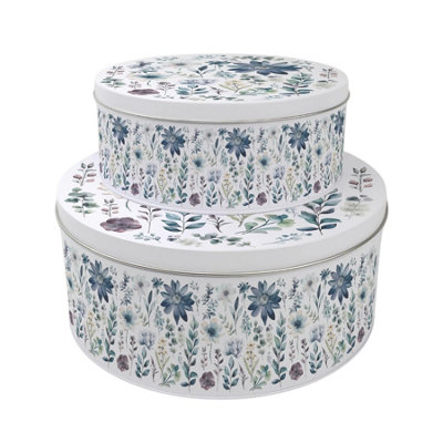 Purely Home Blue Pastel Flowers Set Of 2 Cake Tins GiftFloral Nesting Round Large & Medium Metal Storage Containers For Cakes And Baking from B&Q