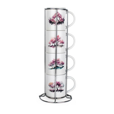 Cherry Blossoms Small Stacking Mugs Set - Floral Ceramic Mugs Gift Set of 4 - Image 3