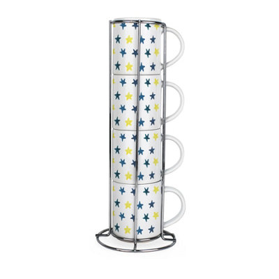 Purely Home Blue/Yellow Stars Stacking Mugs Set - & Present - Set Of Ceramic Mugs Gift Set With Metal Stand Size 4