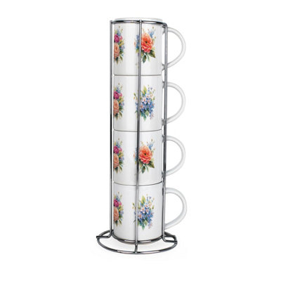 Purely Home Floral Stacking Mugs SetFlower Bouquet Presents For HerSet Of 4 Ceramic Mugs Gift Set With Metal Stand from B&Q