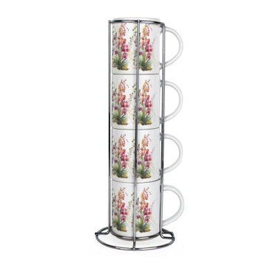 Purely Home Orchids Stacking Mugs Set - Floral Presents For Her - Set Of Ceramic Mugs Gift Set With Metal Stand Size 4