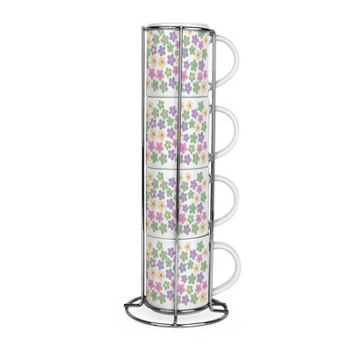 Purely Home Pastel Daisies Stacking Mugs SetFloral Presents For HerSet Of 4 Ceramic Mugs Gift Set With Metal Stand from B&Q