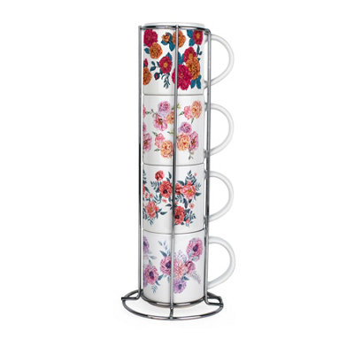 Purely Home Painted Flowers Stacking Mugs Set - Floral Presents For Her - Set Of 4 Ceramic Mugs Gift Set With Metal Stand