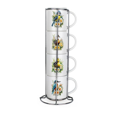 Purely Home Floral Birds Stacking Mugs SetPresents For Bird LoversSet Of 4 Ceramic Mugs Gift Set With Metal Stand from B&Q