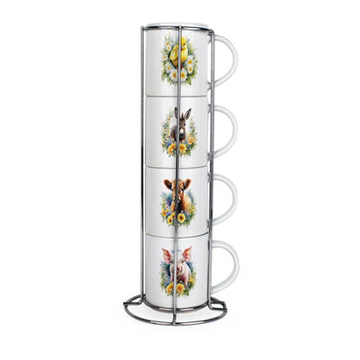 Purely Home Farm Animals Stacking Mugs SetPresents For Animal LoversSet Of 4 Ceramic Mugs Gift Set With Metal Stand from B&Q