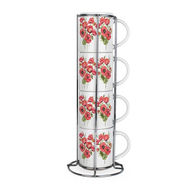 Purely Home Red Poppies Stacking Mugs SetFloral Presents For HerSet Of 4 Ceramic Mugs Gift Set With Metal Stand from B&Q