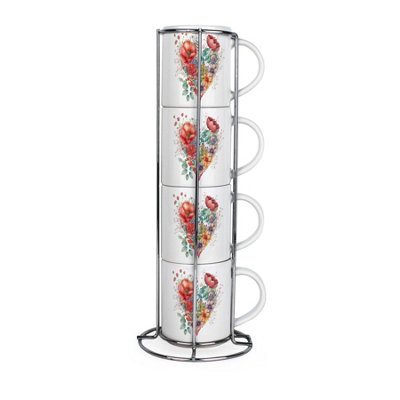 Purely Home Floral Heart Stacking Mugs SetFlower Presents For HerSet Of 4 Ceramic Mugs Gift Set With Metal Stand from B&Q