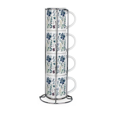 Purely Home Blue Pastel Flowers Stacking Mugs SetFloral Presents For HerSet Of 4 Ceramic Mugs Gift Set With Metal Stand from B&Q