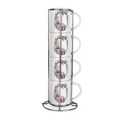 B&Q -  Orchid Wreath Stacking Mugs SetFloral Presents For HerSet Of 4 Ceramic Mugs Gift Set With Metal Stand