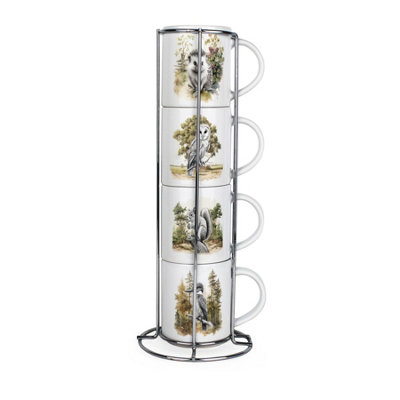Purely Home British Animals & Birds Stacking Mugs SetSet Of 4 Ceramic Mugs Gift Set With Metal Stand from B&Q