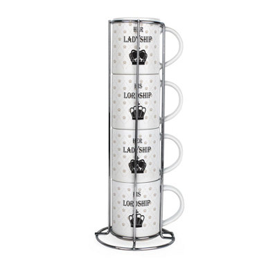 Purely Home Lord & Ladyship Stacking Mugs SetHis And Hers PresentSet Of 4 Ceramic Mugs Gift Set With Metal Stand from B&Q