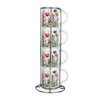 Purely Home Wildflowers Stacking Mugs Set - Floral Presents For Her - Set Of Ceramic Mugs Gift Set With Metal Stand Size 4