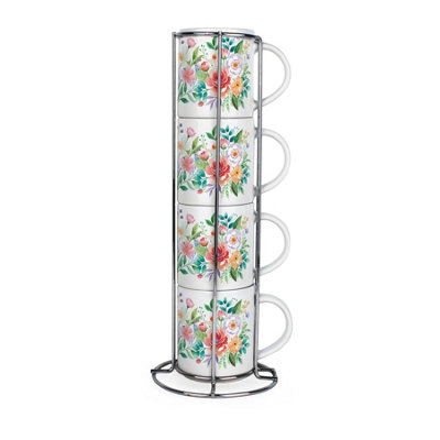Purely Home Flower Bouquet Stacking Mugs SetFloral Presents For HerSet Of 4 Ceramic Mugs Gift Set With Metal Stand from B&Q
