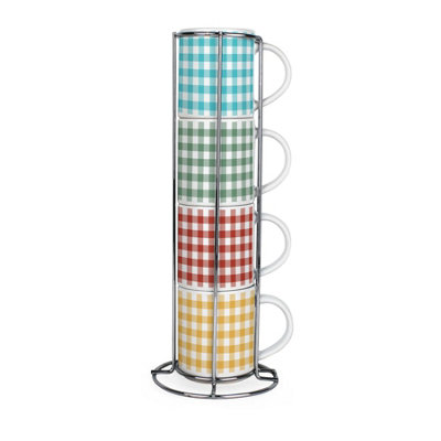 Purely Home Gingham Check Stacking Mugs SetColourful Set Of 4 Ceramic Mugs Gift Set With Metal Stand from B&Q