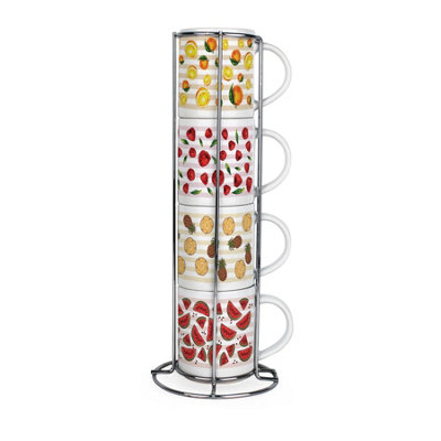 Purely Home Striped Fruits Stacking Mugs SetColourful Set Of 4 Ceramic Mugs Gift Set With Metal Stand from B&Q