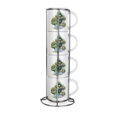 Purely Home Beautiful Garden Stacking Mugs Set - Presents For Gardeners - Set Of Ceramic Mugs Gift Set With Metal Stand Size 4