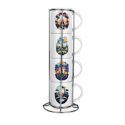 Purely Home Paris Scenes Stacking Mugs SetCity Of Love French PresentSet Of 4 Ceramic Mugs Gift Set With Metal Stand from B&Q