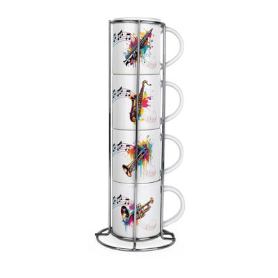 Purely Home Abstract Instruments Stacking Mugs Set - Presents For Musicians - Set Of Ceramic Mugs Gift Set With Metal Stand Size 4