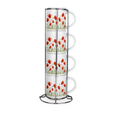 Purely Home Summer Poppies Stacking Mugs Set - Red Floral Presents - Set Of 4 Ceramic Mugs Gift Set With Metal Stand