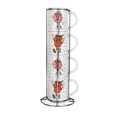 Purely Home Novelty Retro Drinks Stacking Mugs SetSet Of 4 Ceramic Mugs Gift Set With Metal Stand from B&Q