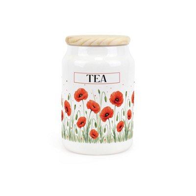 Purely Home Summer Poppies Tea CanisterRed & Green Floral Homeware GiftsCeramic Storage Container & Wooden Lid 600Ml (14.5Cm X 9.5Cm) from B&Q