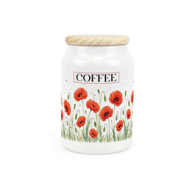 Purely Home Summer Poppies Coffee CanisterRed & Green Floral Homeware GiftsCeramic Storage Container & Wooden Lid 600Ml (14.5Cm X 9.5Cm) from B&Q