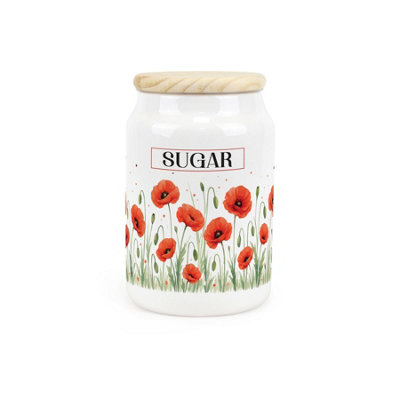 Purely Home Summer Poppies Sugar CanisterRed & Green Floral Homeware GiftsCeramic Storage Container & Wooden Lid 600Ml (14.5Cm X 9.5Cm) from B&Q