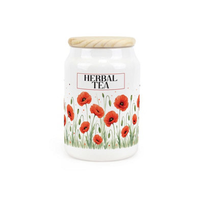 Purely Home Summer Poppies Herbal Tea CanisterRed & Green Floral GiftsCeramic Storage Container & Wooden Lid 600Ml (14.5Cm X 9.5Cm) from B&Q