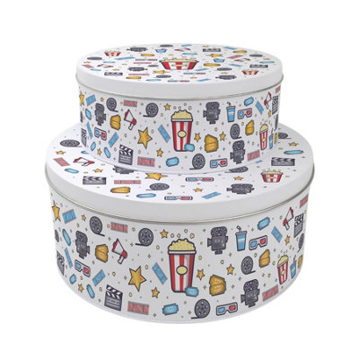 Purely Home Movie Icons Set Of 2 Cake Tins GiftFilms & Theatre Themed Nesting Round Large & Medium Metal Storage Containers For Baking from B&Q