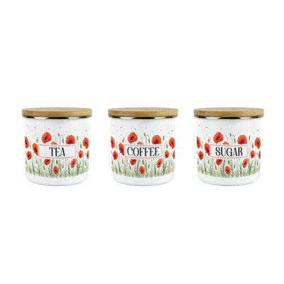 Purely Home Summer Poppies TeaCoffee & Sugar Canisters SetRed & Green Floral Kitchen Gardener GiftMedium Enamel Containers 3 Pack from B&Q
