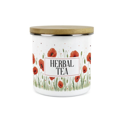 B&Q -  Red Summer Poppies Herbal Tea CanisterPoppy Patterned Floral Homewares Gifts1.2L Enamel Kitchen Storage Container
