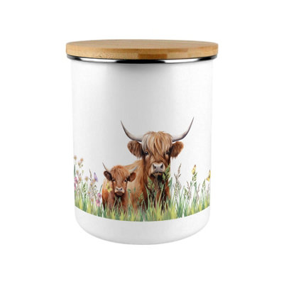 Purely Home Highland Cow & Calf Storage CanisterCountryside Farm Animals Large Enamel Storage Container Gift from B&Q