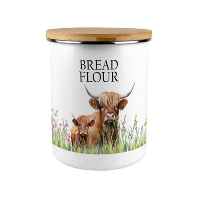 Purely Home Highland Cow & Calf Bread Flour CanisterCountryside Farm Animals Large Enamel Kitchen Pantry Food Storage Container Gift from B&Q